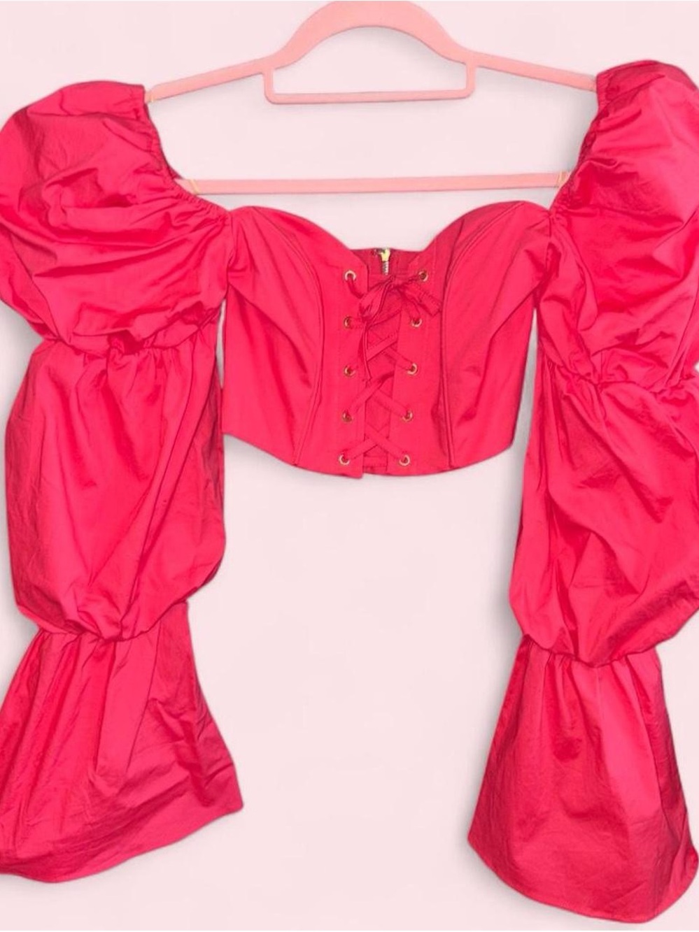Women's Puff Sleeve Lace-Up Corset Top - Hot Pink